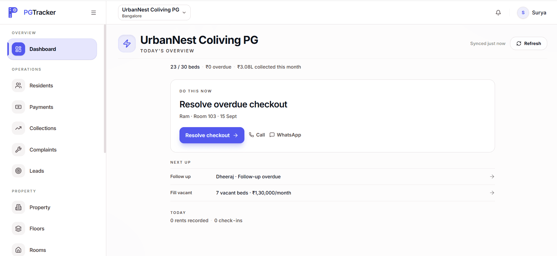 PGTracker dashboard showing Today's overview with Do this now, Next up, and Today